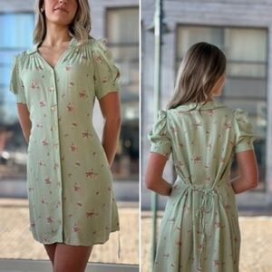 Christy Dawn Mint Green Ditsy Floral Deadstock Puff-Sleeve Button-Up Mini Dress